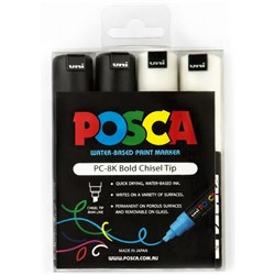 Uni Posca Paint Marker PC-8K Broad 8mm Chisel Tip Black And White Pack of 4