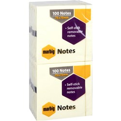Marbig Repositionable Yellow Notes 75x75mm Yellow 100 Sheet Pad Pack Of 12