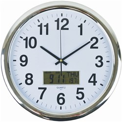 Italplast Wall Clock Inset LCD Date Month Temperature 43cm Round Chrome Frame White Face